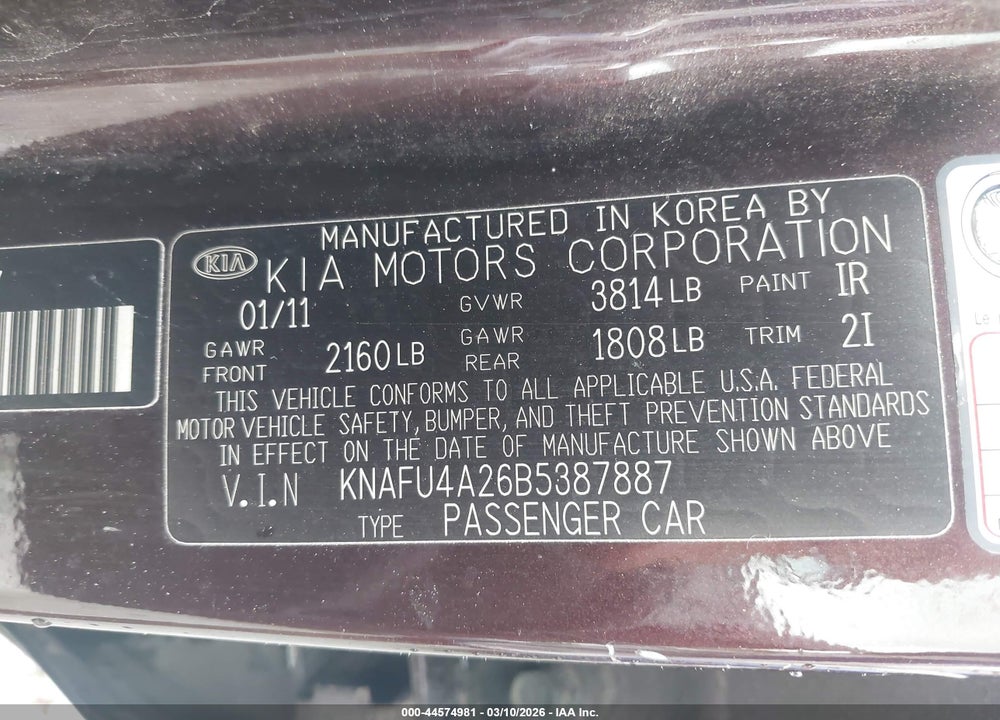 2011 KIA FORTE EX VIN: KNAFU4A26B5387887