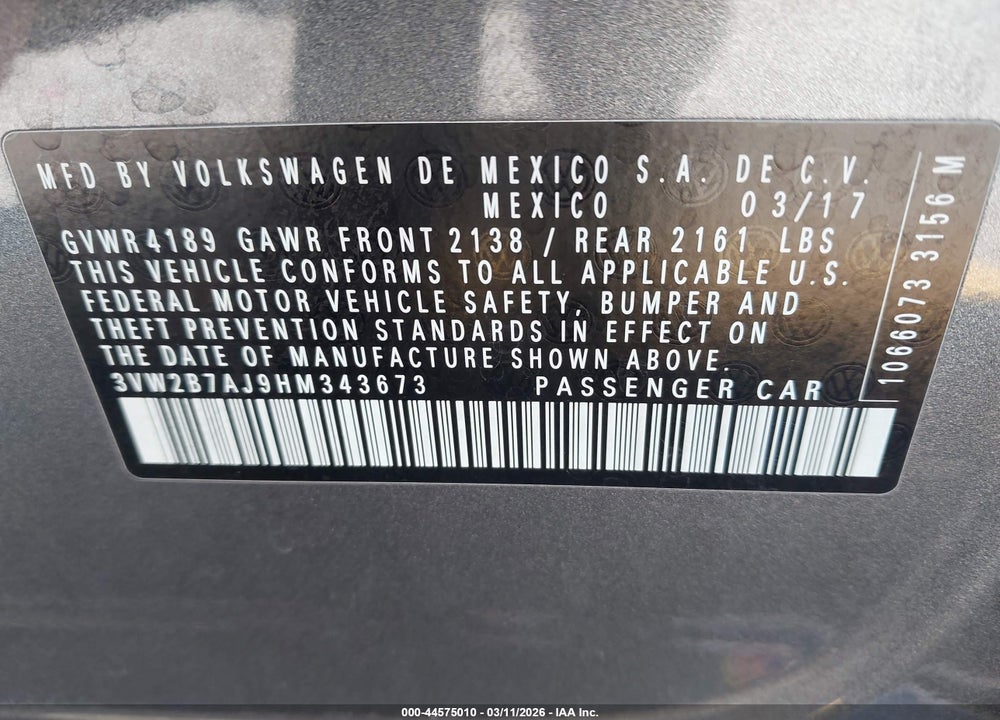 2017 VOLKSWAGEN JETTA 1.4T S VIN: 3VW2B7AJ9HM343673
