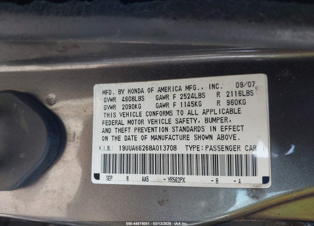 2008 ACURA TL 3.2 VIN: 19UUA66268A013708