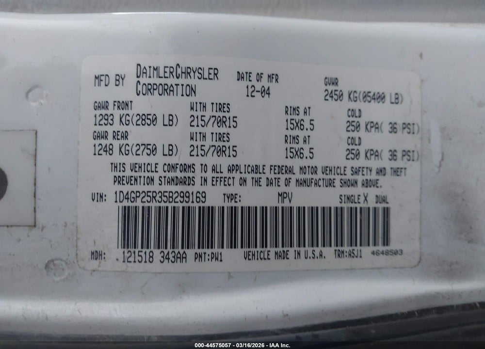 2005 DODGE CARAVAN SE VIN: 1D4GP25R35B299169