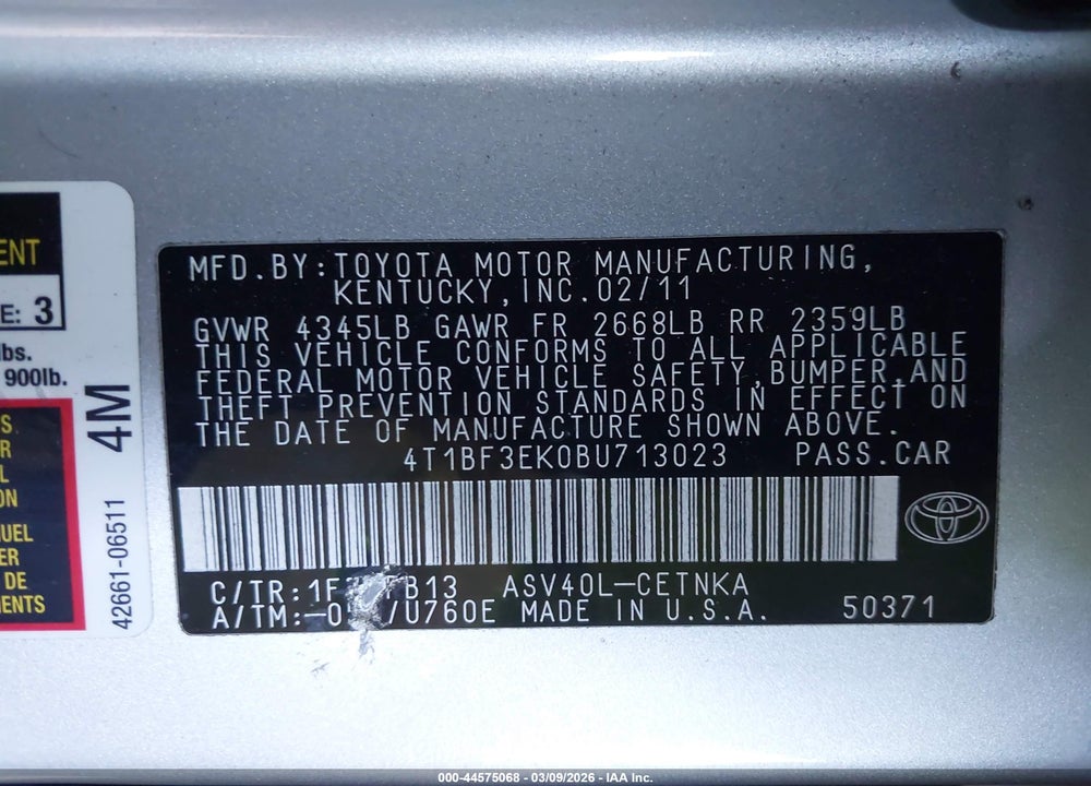 2011 TOYOTA CAMRY LE VIN: 4T1BF3EK0BU713023