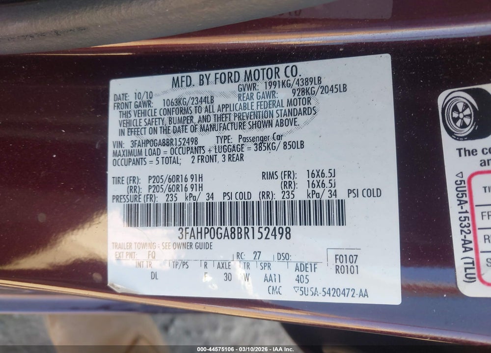 2011 FORD FUSION S VIN: 3FAHP0GA8BR152498