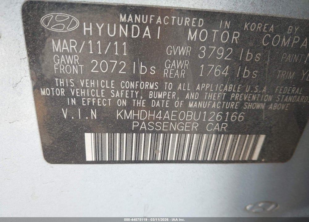 2011 HYUNDAI ELANTRA GLS (ULSAN PLANT) VIN: KMHDH4AE0BU126166