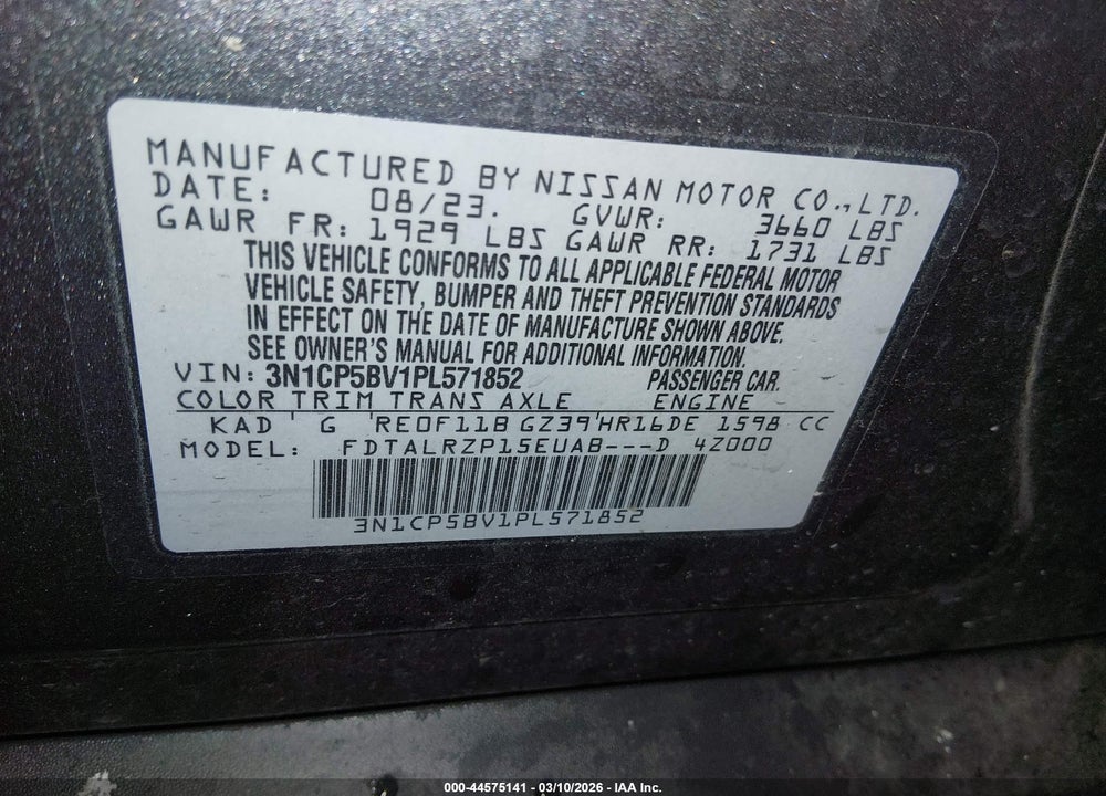 2023 NISSAN KICKS S XTRONIC CVT VIN: 3N1CP5BV1PL571852