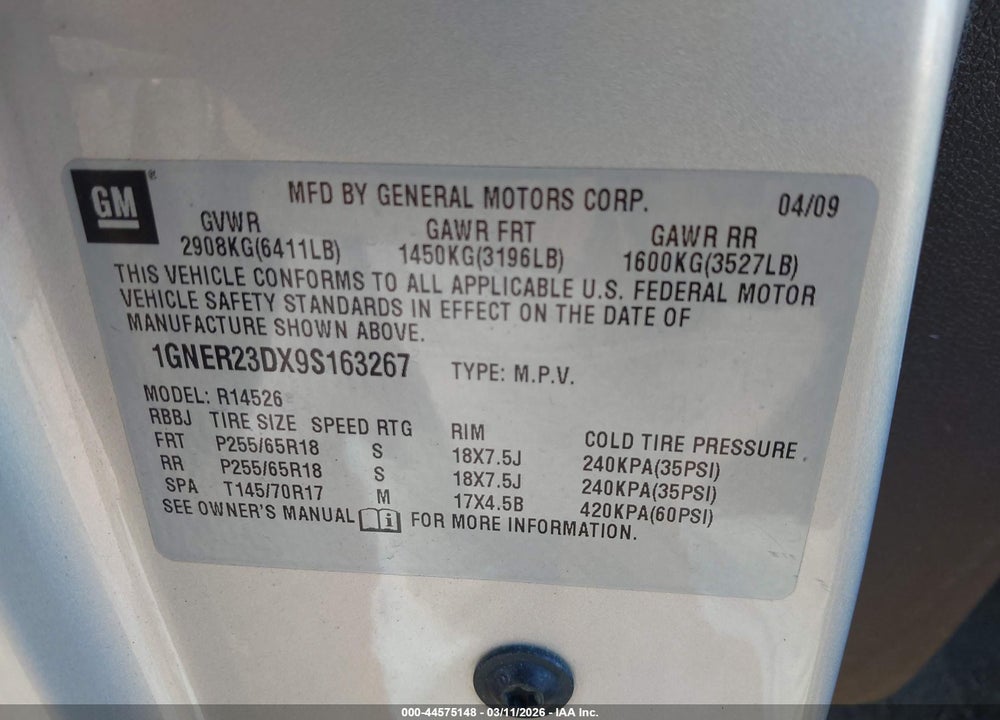 2009 CHEVROLET TRAVERSE LT VIN: 1GNER23DX9S163267