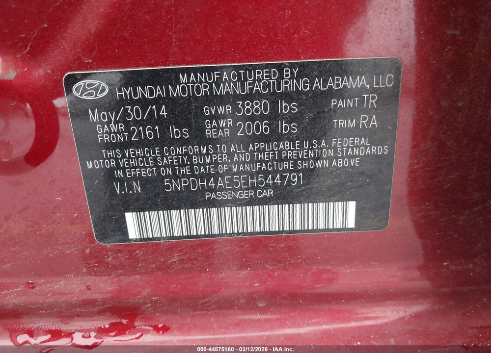2014 HYUNDAI ELANTRA SE VIN: 5NPDH4AE5EH544791