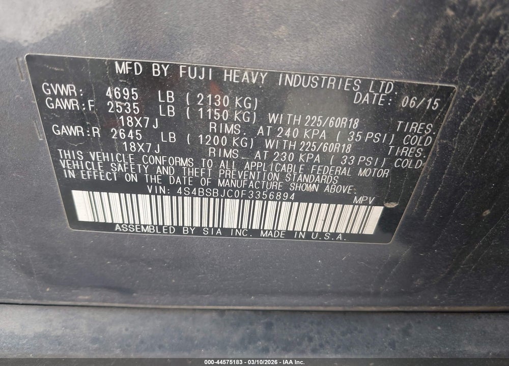 2015 SUBARU OUTBACK 2.5I LIMITED VIN: 4S4BSBJC0F3356894