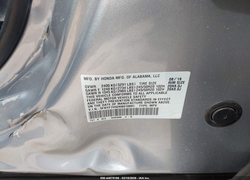 2019 HONDA PASSPORT EX-L VIN: 5FNYF7H52KB010091