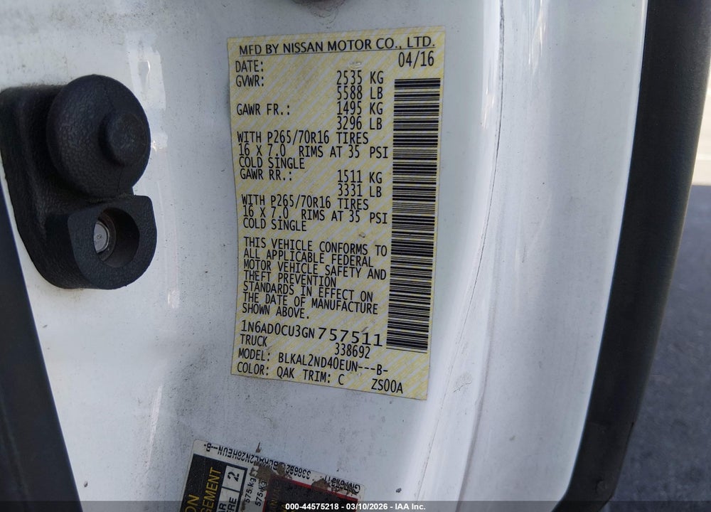 2016 NISSAN FRONTIER SV VIN: 1N6AD0CU3GN757511