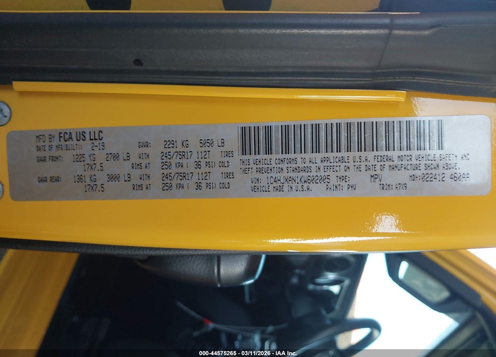 2019 JEEP WRANGLER SPORT S 4X4 VIN: 1C4HJXAN1KW602005