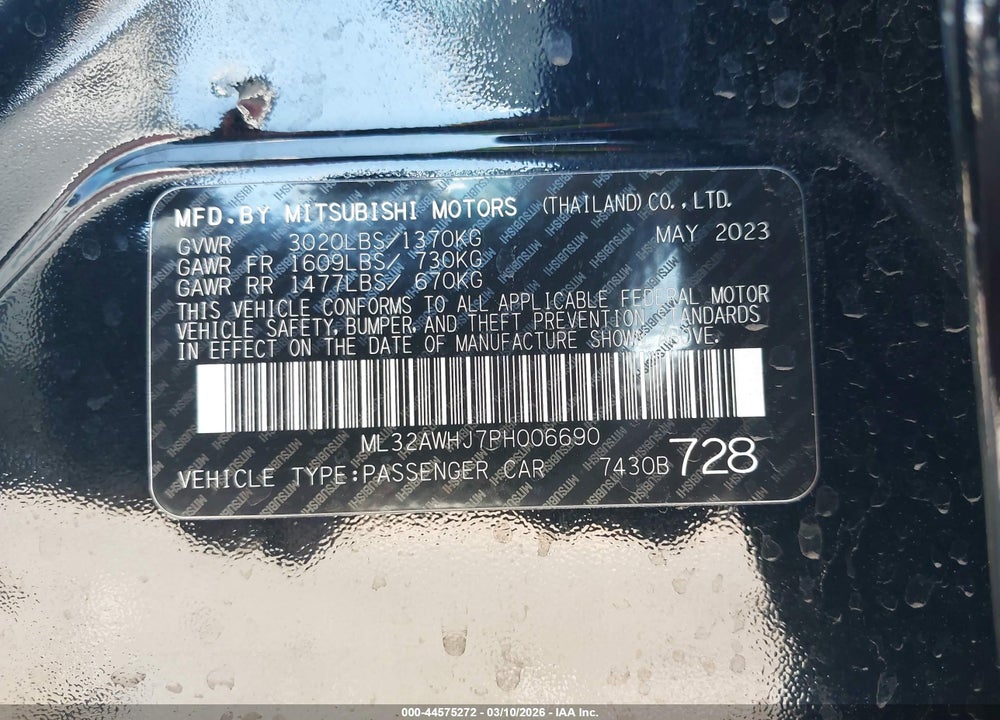 2023 MITSUBISHI MIRAGE BLACK EDITION VIN: ML32AWHJ7PH006690