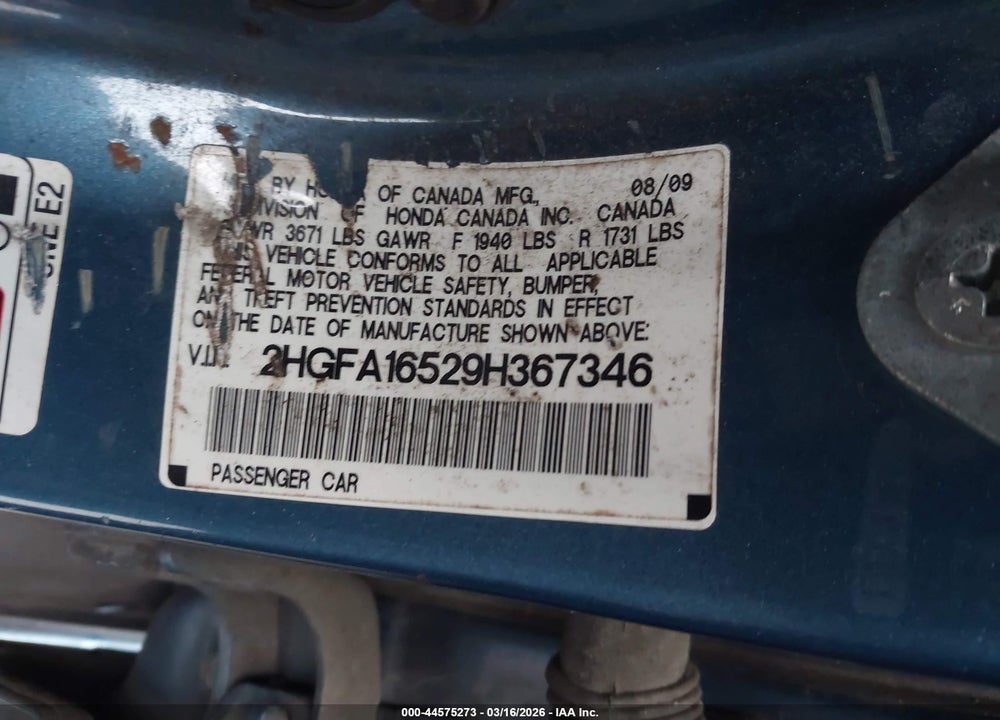 2009 HONDA CIVIC LX VIN: 2HGFA16529H367346