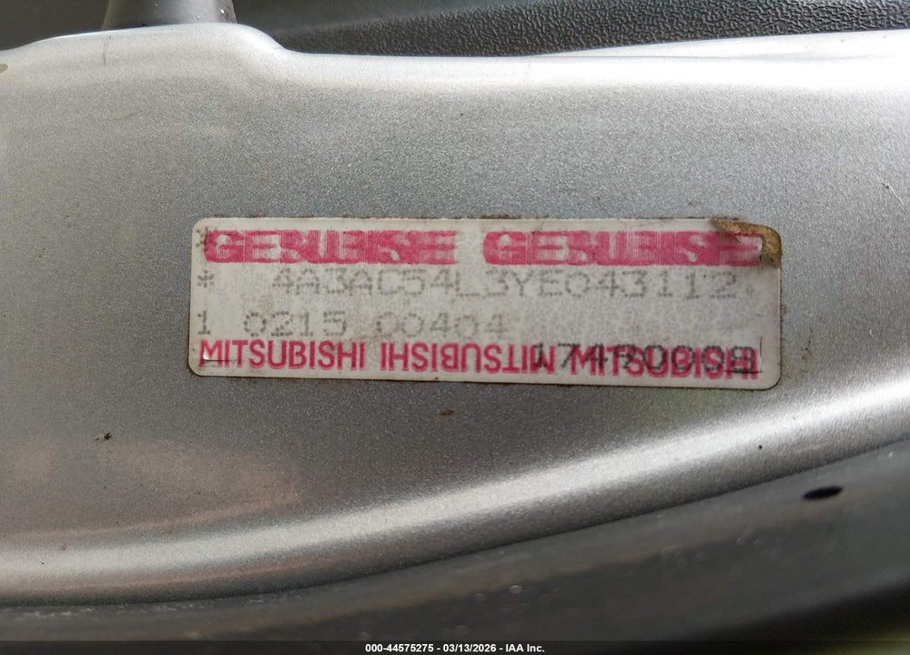 2000 MITSUBISHI ECLIPSE GT VIN: 4A3AC54L3YE043112