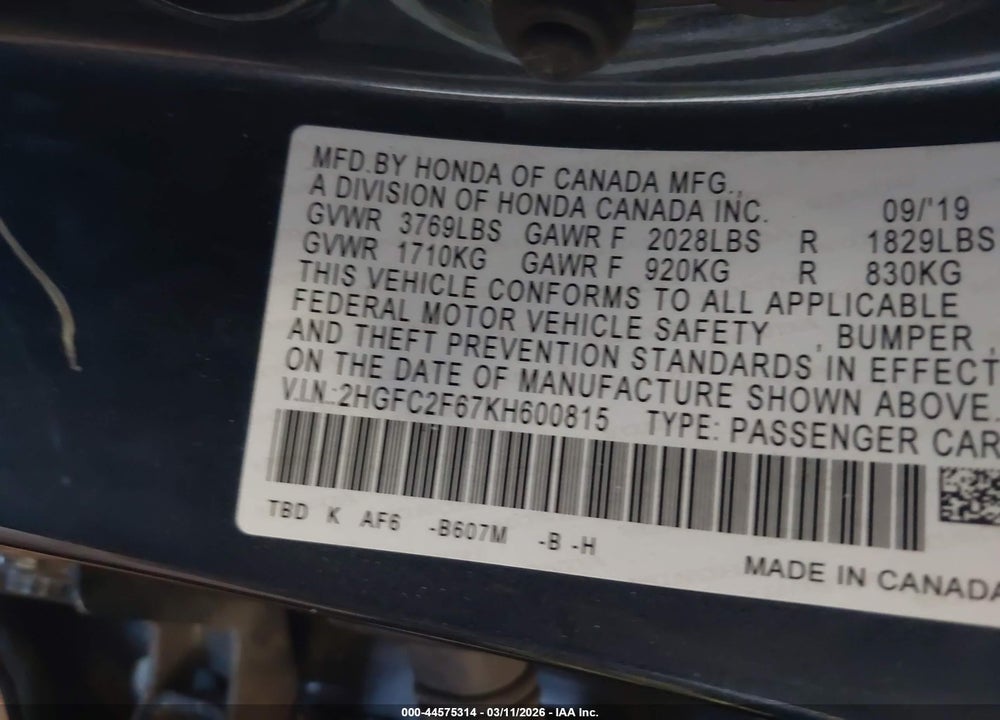 2019 HONDA CIVIC LX VIN: 2HGFC2F67KH600815