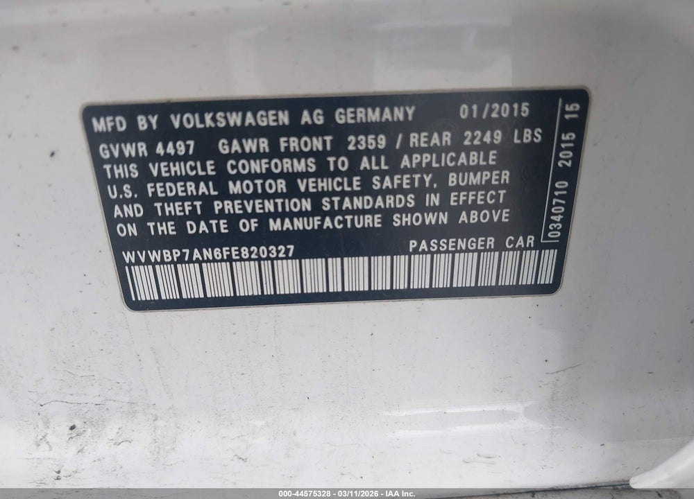 2015 VOLKSWAGEN CC 2.0T R-LINE VIN: WVWBP7AN6FE820327
