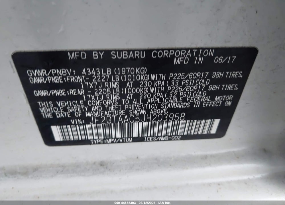 2018 SUBARU CROSSTREK 2.0I VIN: JF2GTAAC5JH203958