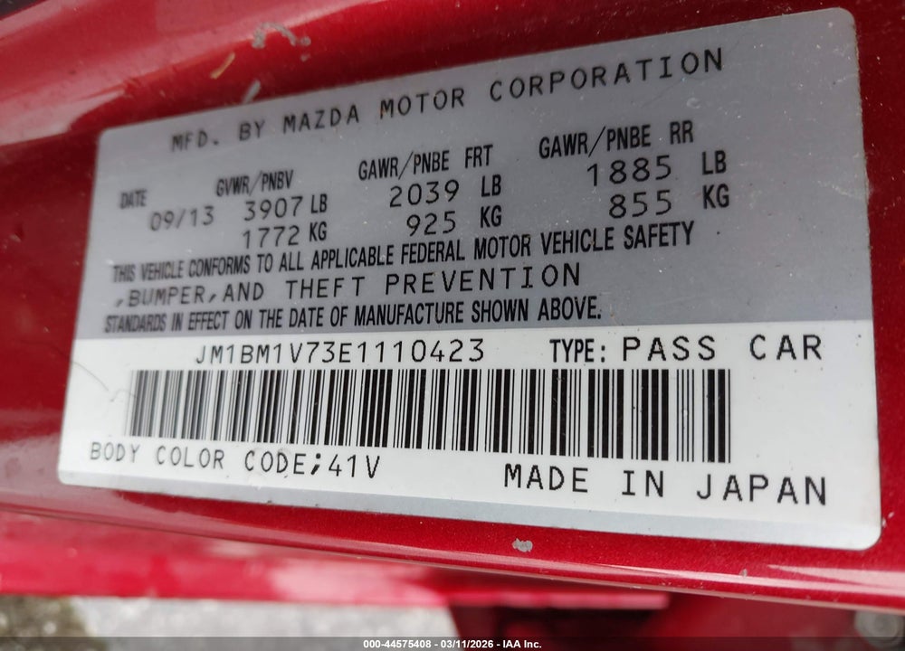 2014 MAZDA 3 I TOURING VIN: JM1BM1V73E1110423