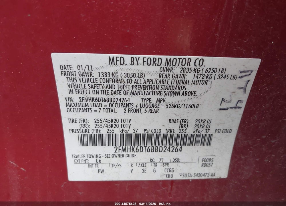 2011 FORD FLEX LIMITED VIN: 2FMHK6DT6BBD24264