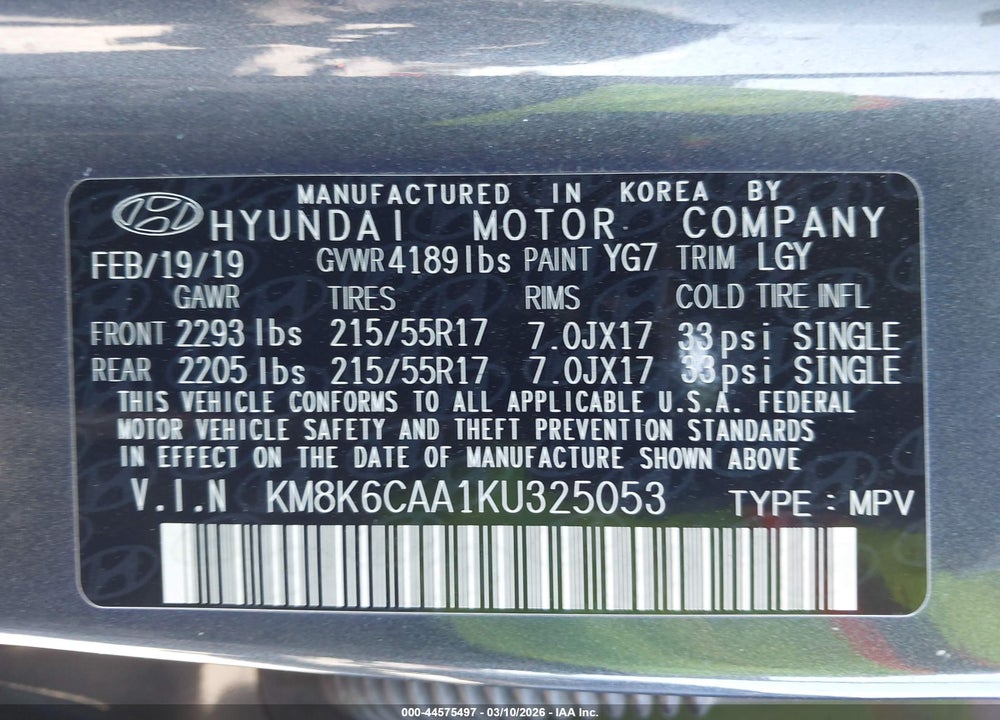 2019 HYUNDAI KONA SEL VIN: KM8K6CAA1KU325053