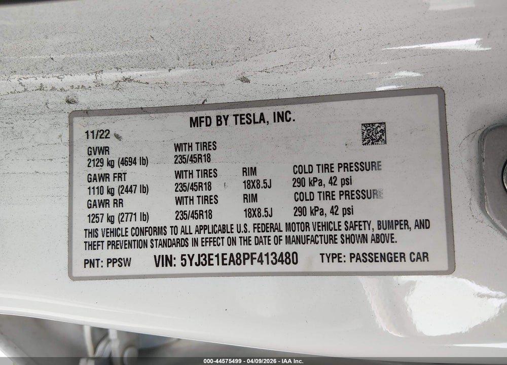 2023 TESLA MODEL 3 REAR-WHEEL DRIVE VIN: 5YJ3E1EA8PF413480
