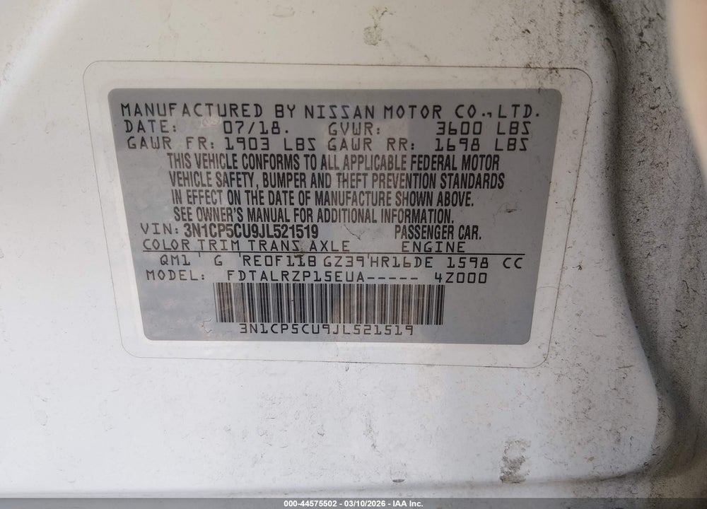 2018 NISSAN KICKS S VIN: 3N1CP5CU9JL521519