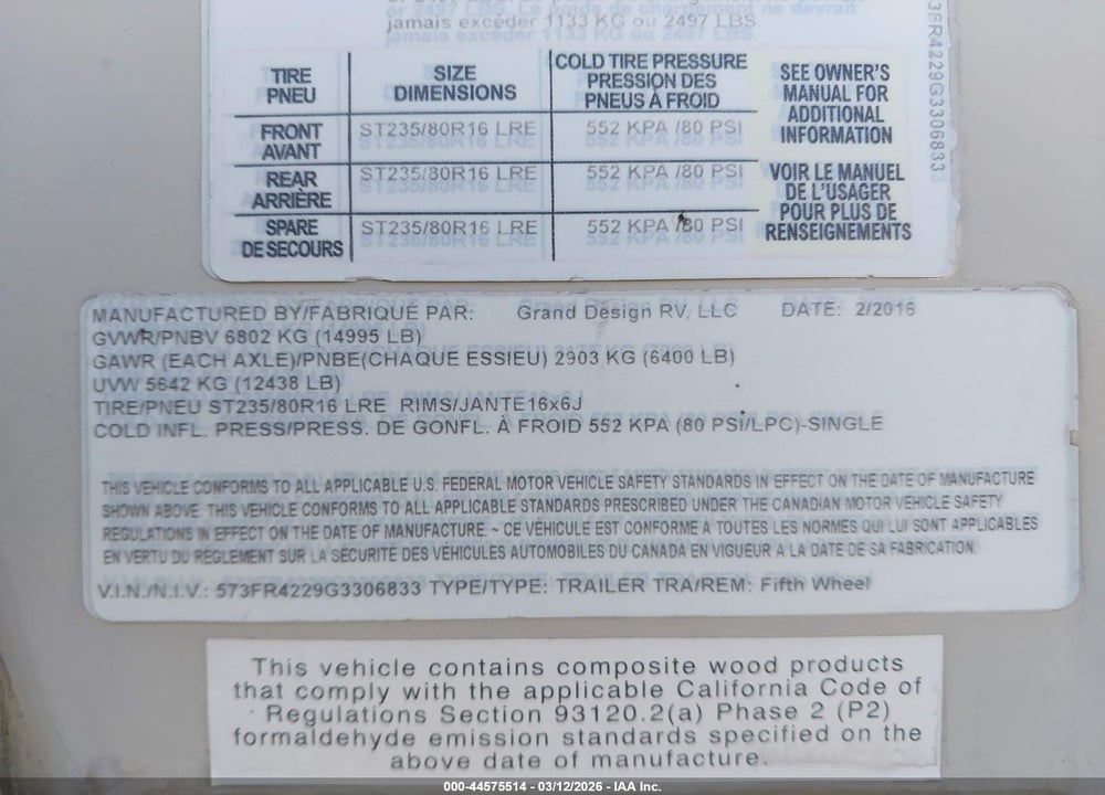 2016 GRAND DESIGN REFLECTION 367 BHS VIN: 573FR4229G3306833