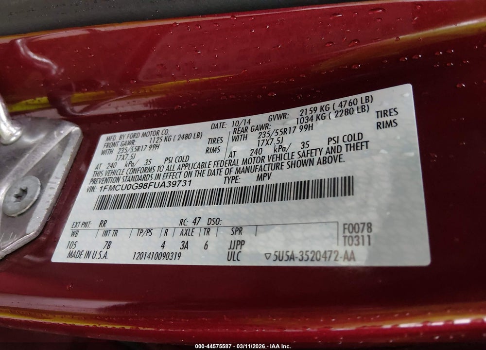 2015 FORD ESCAPE SE VIN: 1FMCU0G98FUA39731