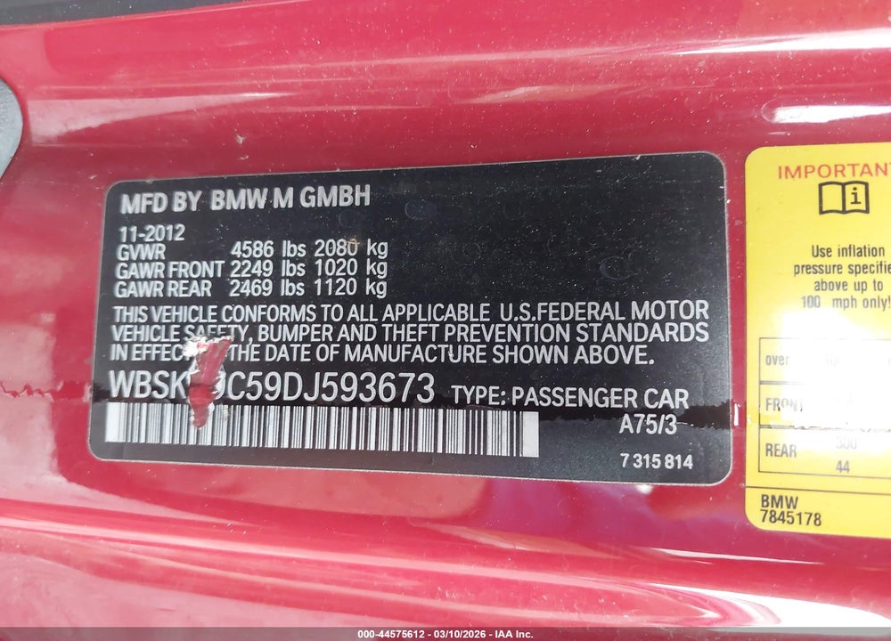 2013 BMW M3 VIN: WBSKG9C59DJ593673