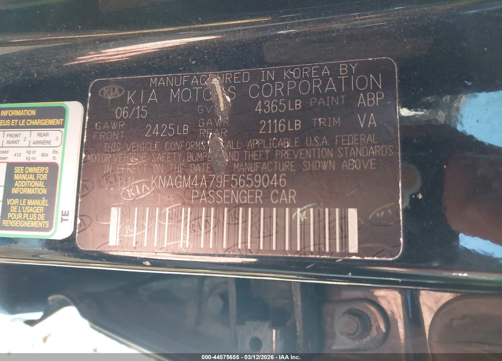 2015 KIA OPTIMA LX VIN: KNAGM4A79F5659046
