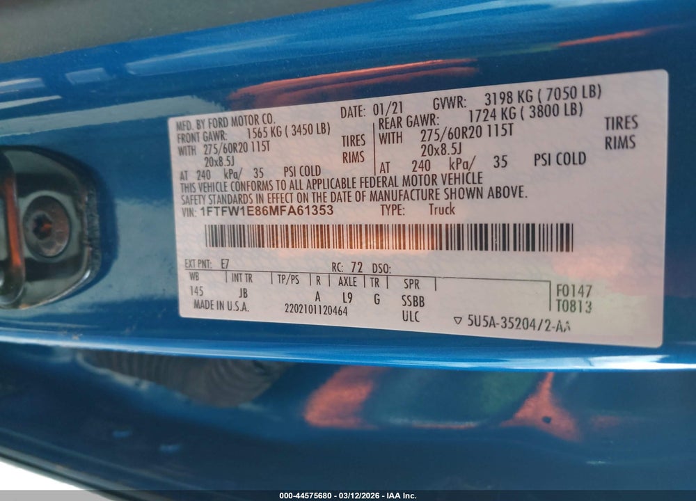 2021 FORD F-150 XL VIN: 1FTFW1E86MFA61353