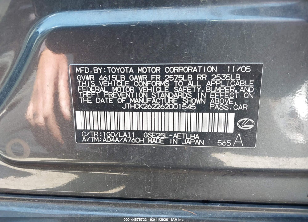 2006 LEXUS IS 250 VIN: JTHCK262262001545