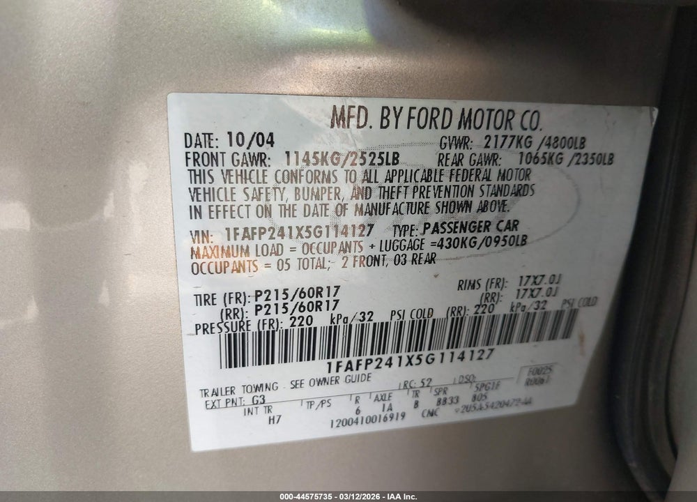 2005 FORD FIVE HUNDRED SEL VIN: 1FAFP241X5G114127