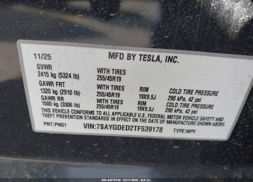 2026 TESLA MODEL Y PREMIUM REAR-WHEEL DRIVE/STANDARD REAR-WHEEL DRIVE VIN: 7SAYGDED2TF539178
