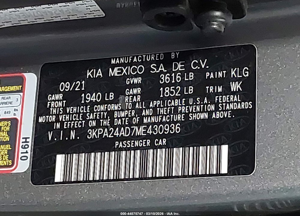 2021 KIA RIO S VIN: 3KPA24AD7ME430936