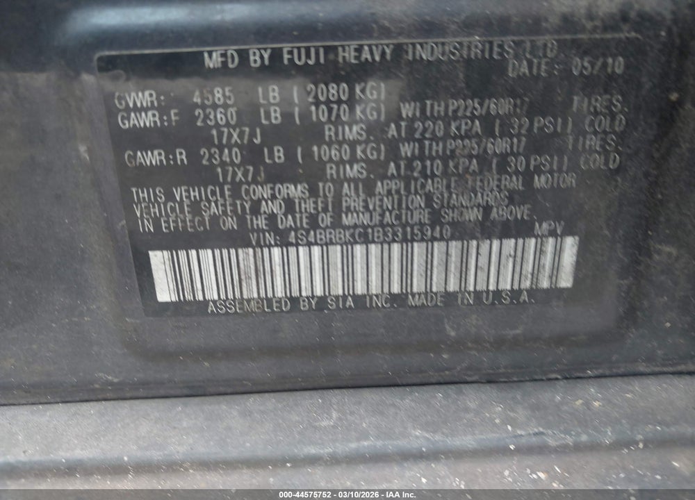 2011 SUBARU OUTBACK 2.5I LIMITED VIN: 4S4BRBKC1B3315940