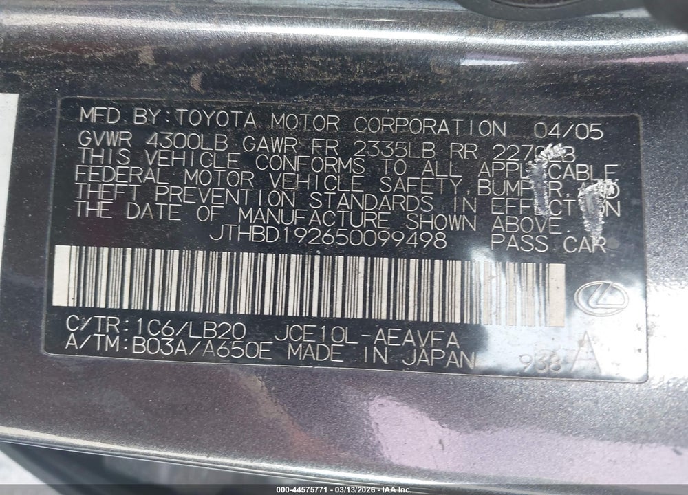 2005 LEXUS IS 300 VIN: JTHBD192650099498