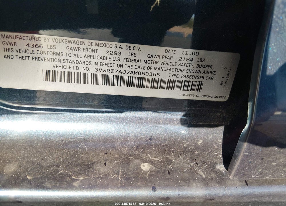 2010 VOLKSWAGEN JETTA SE VIN: 3VWRZ7AJ7AM060365