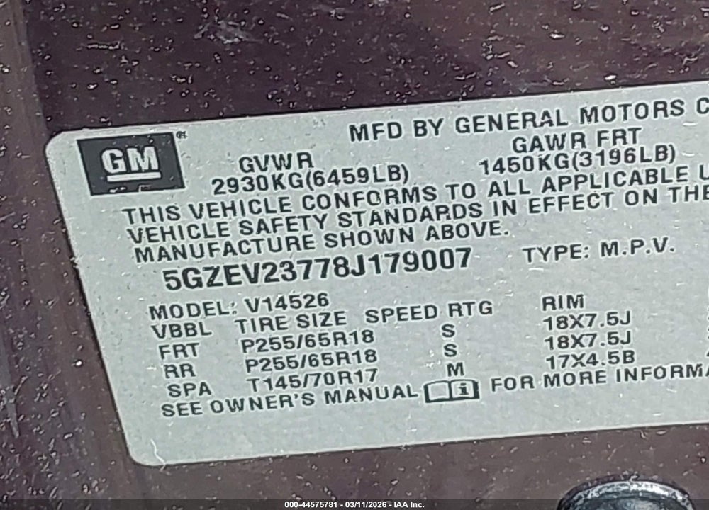 2008 SATURN OUTLOOK XR VIN: 5GZEV23778J179007