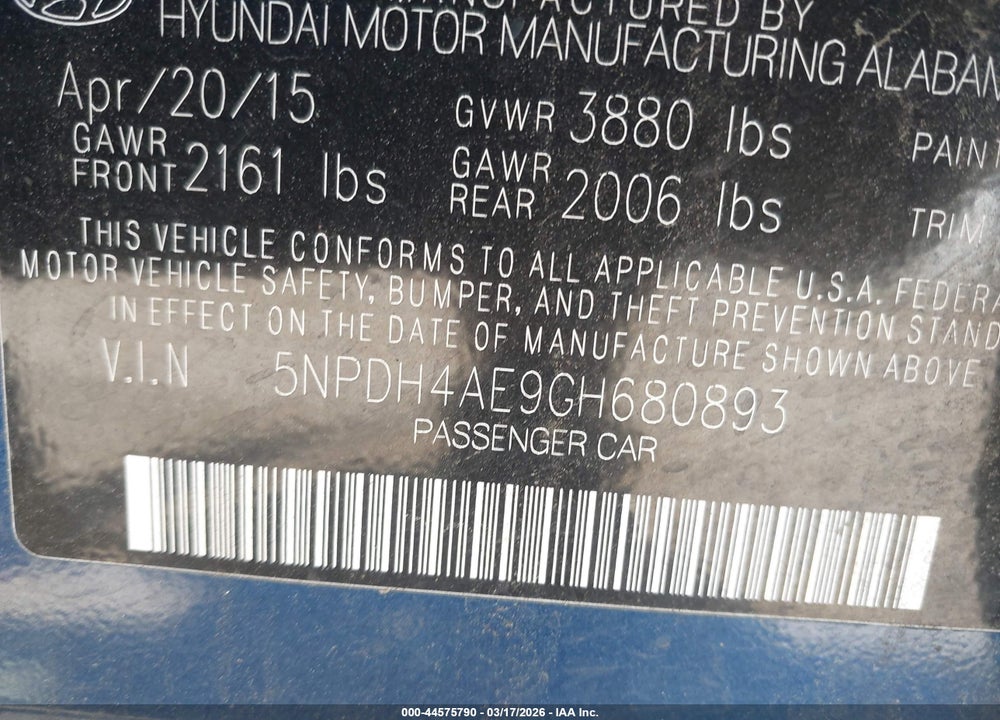 2016 HYUNDAI ELANTRA SE VIN: 5NPDH4AE9GH680893
