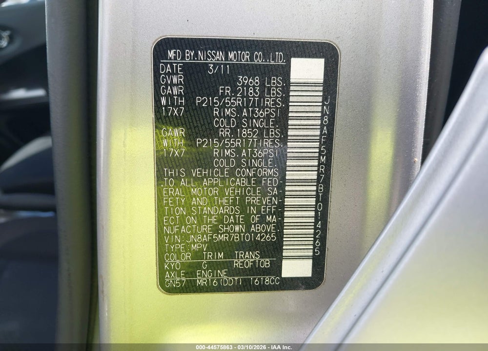 2011 NISSAN JUKE SV VIN: JN8AF5MR7BT014265