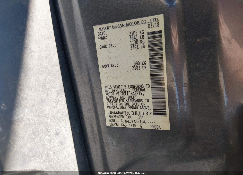 2018 NISSAN MAXIMA 3.5 SV VIN: 1N4AA6AP3JC381137
