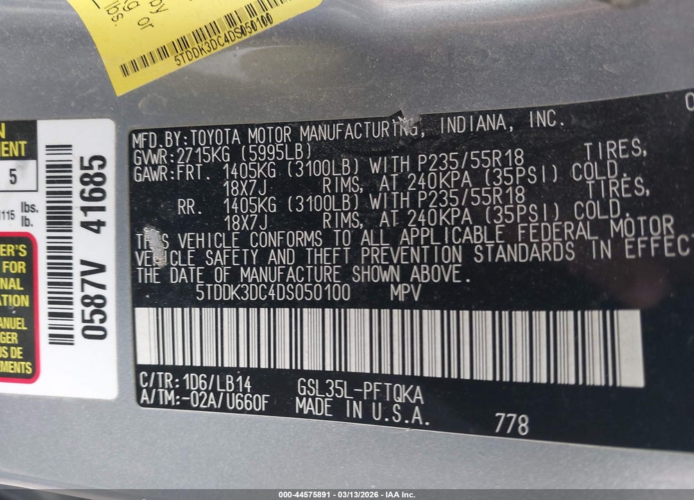 2013 TOYOTA SIENNA XLE 7 PASSENGER VIN: 5TDDK3DC4DS050100