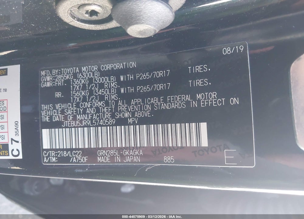 2020 TOYOTA 4RUNNER TRD OFF ROAD PREMIUM VIN: JTEBU5JR9L5740589