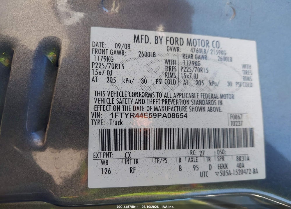 2009 FORD RANGER SPORT/XLT VIN: 1FTYR44E59PA08654