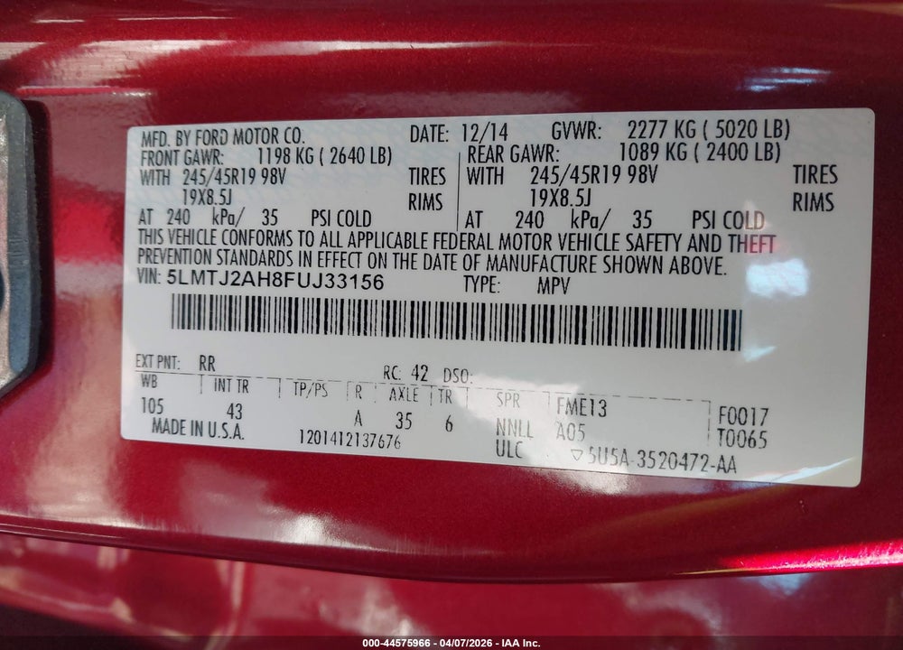 2015 LINCOLN MKC VIN: 5LMTJ2AH8FUJ33156