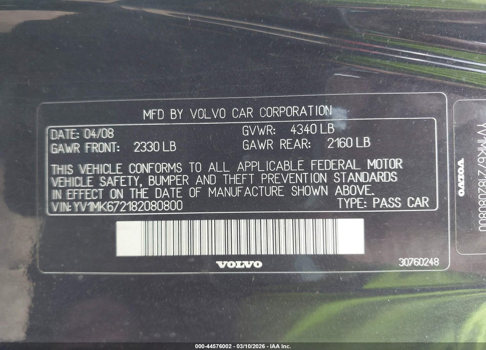 2008 VOLVO C30 T5 R-DESIGN/T5 VERSION 1.0/T5 VERSION 2.0 VIN: YV1MK672182080800