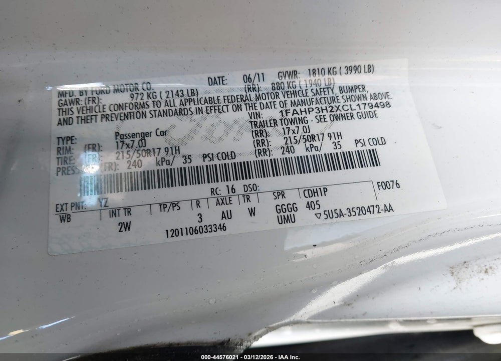 2012 FORD FOCUS SEL VIN: 1FAHP3H2XCL179498