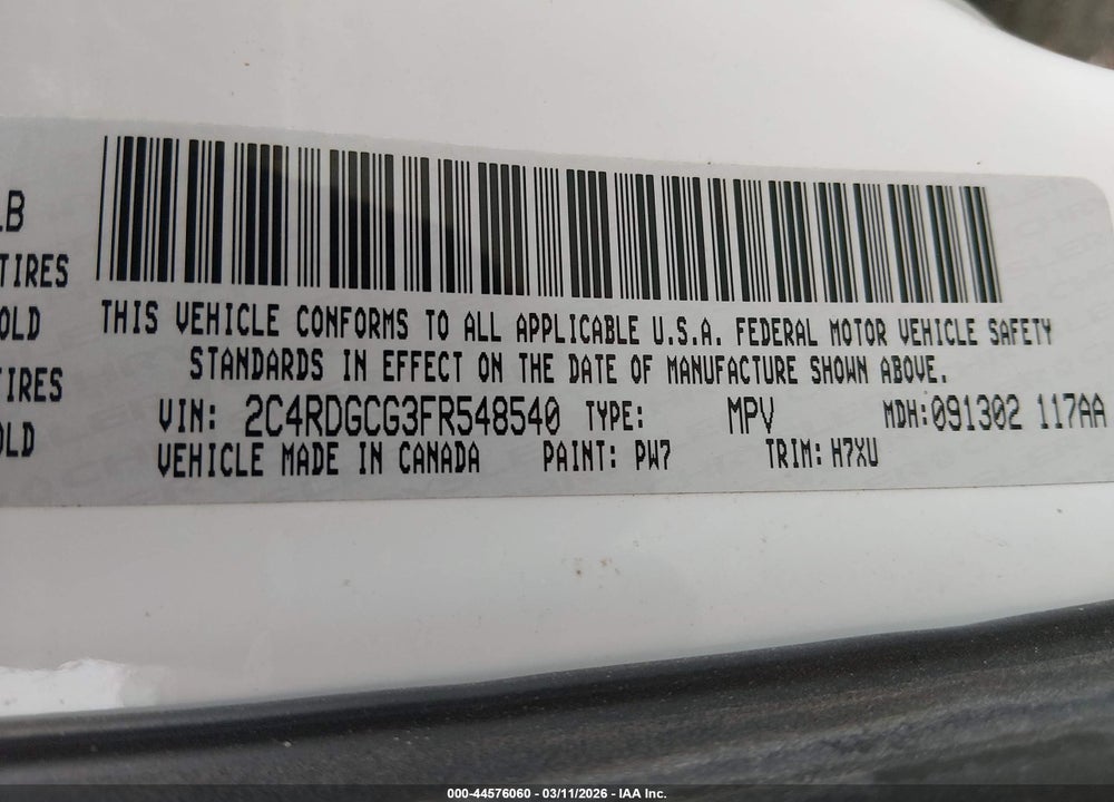 2015 DODGE GRAND CARAVAN SXT VIN: 2C4RDGCG3FR548540
