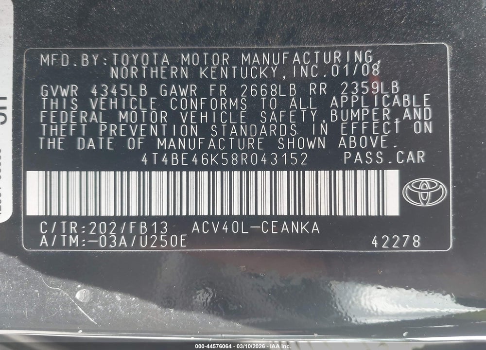 2008 TOYOTA CAMRY LE VIN: 4T4BE46K58R043152