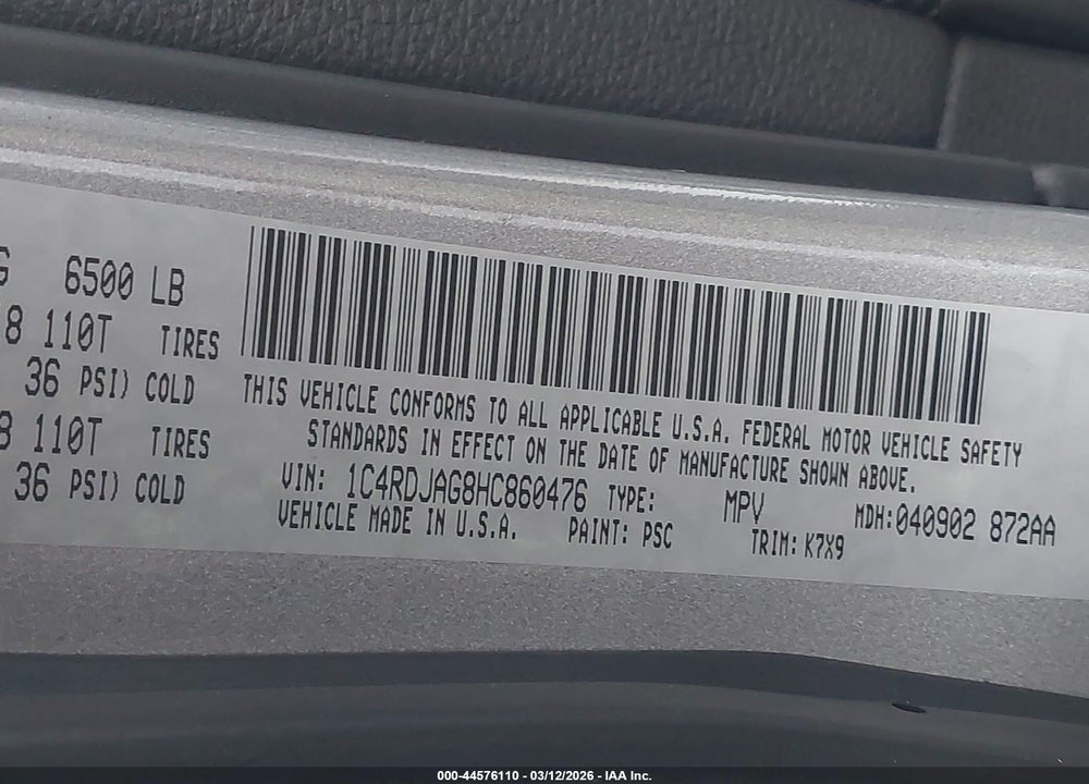2017 DODGE DURANGO SXT AWD VIN: 1C4RDJAG8HC860476